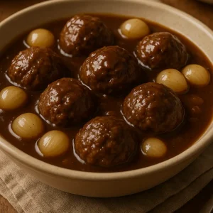 Boulettes de boeuf au Porto et oignons perlés