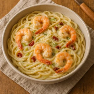 Linguine alfredo au crevettes, poireaux et tomates séchées