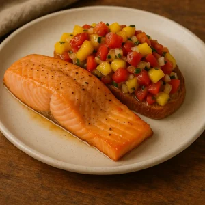 Saumon confit et bruschetta à la mangue